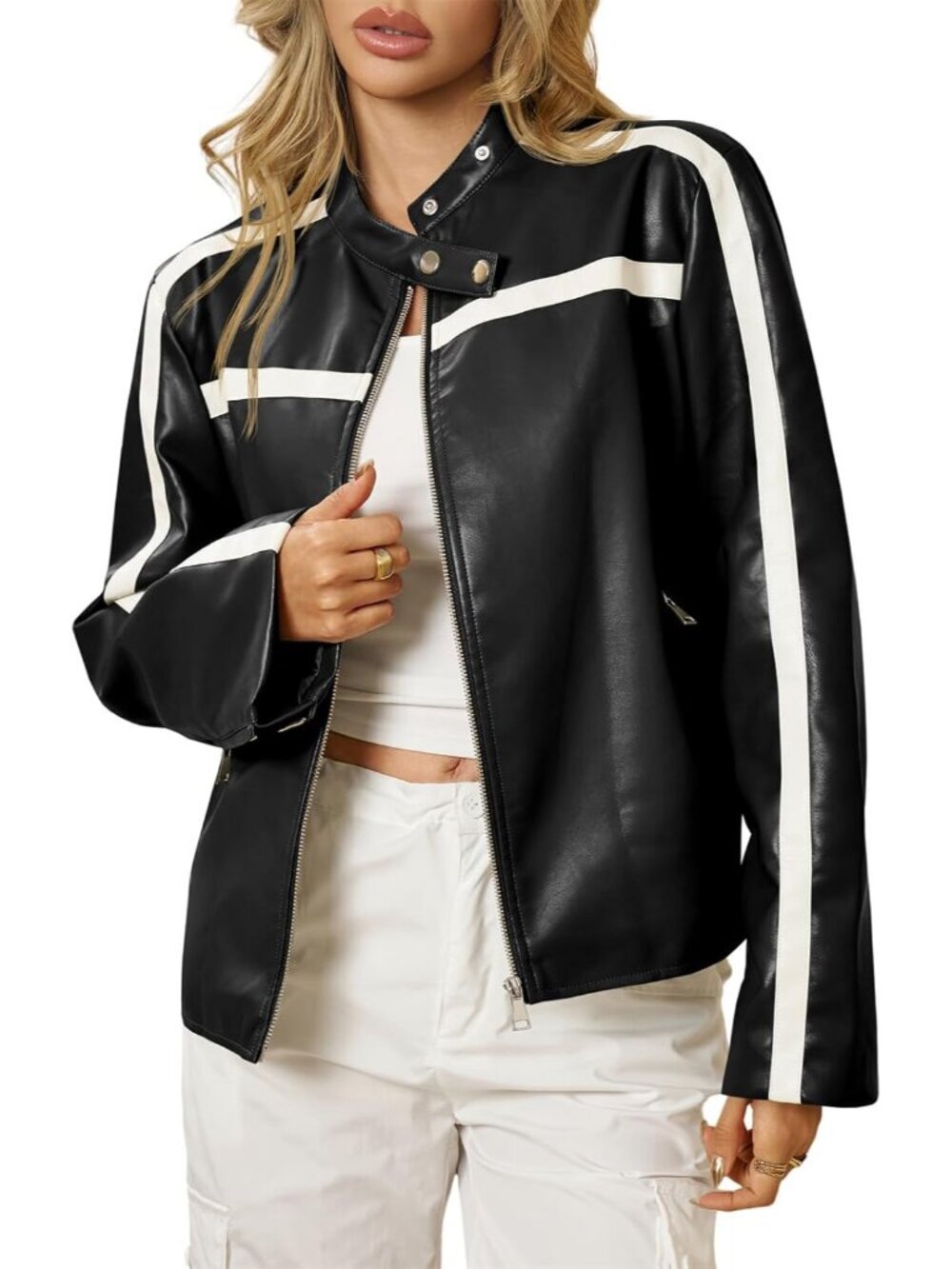 Womens Faux Leather Bomber Jackets Zip Up Color Block Moto Biker Jacket Casual V